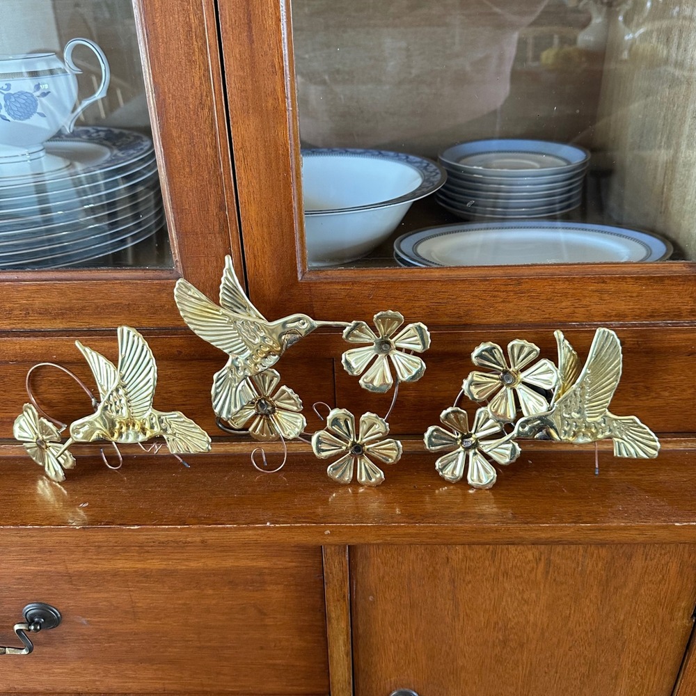 Vintage Brass Hummingbird Flower Wall Decor Set 3 MCM Gold Bird Hanging Art